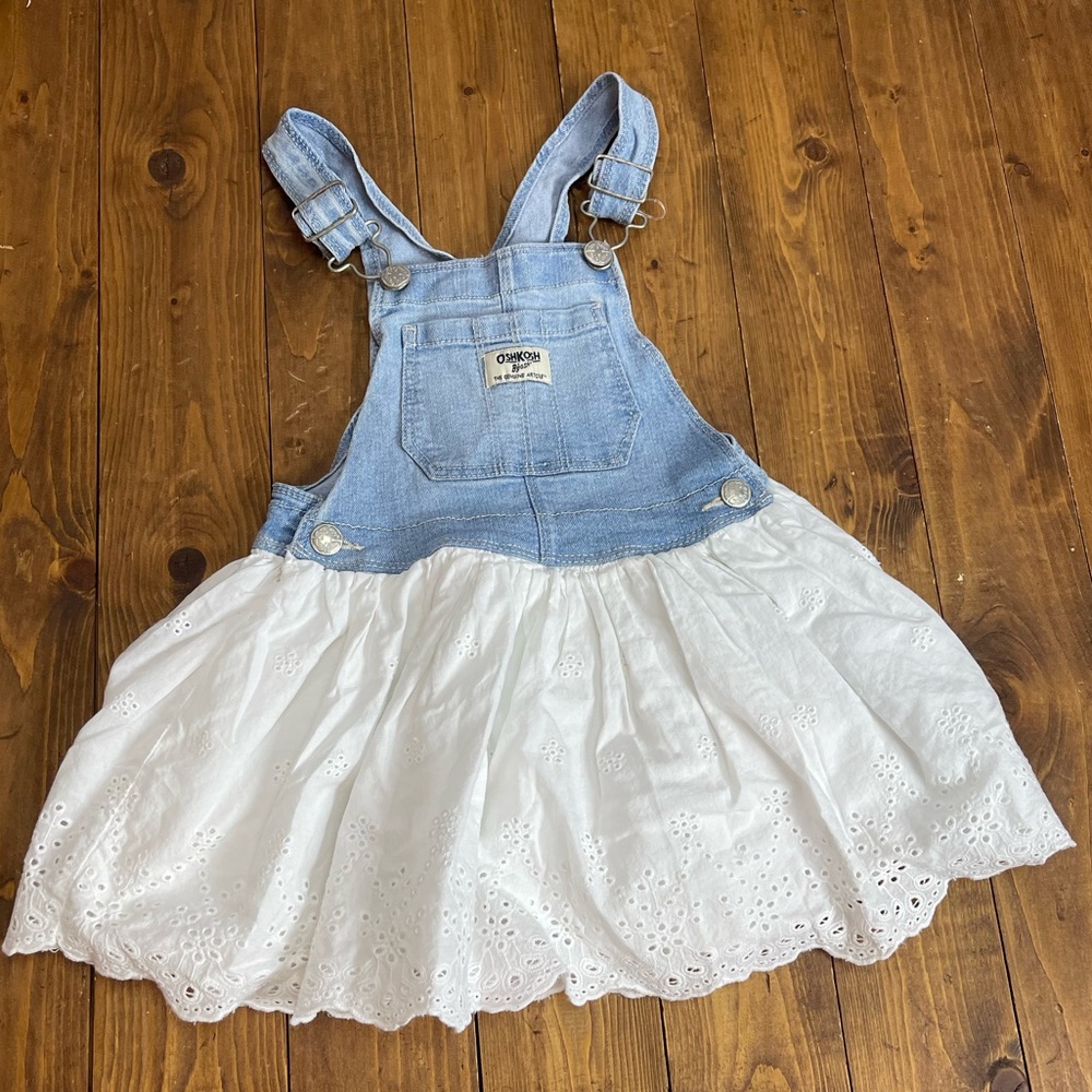 OshKosh B’Gosh overall dress Jean top with white eyelet lace skirt size 4T